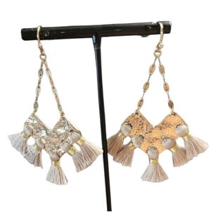 Gold & Beige Tassel Dangle Earrings